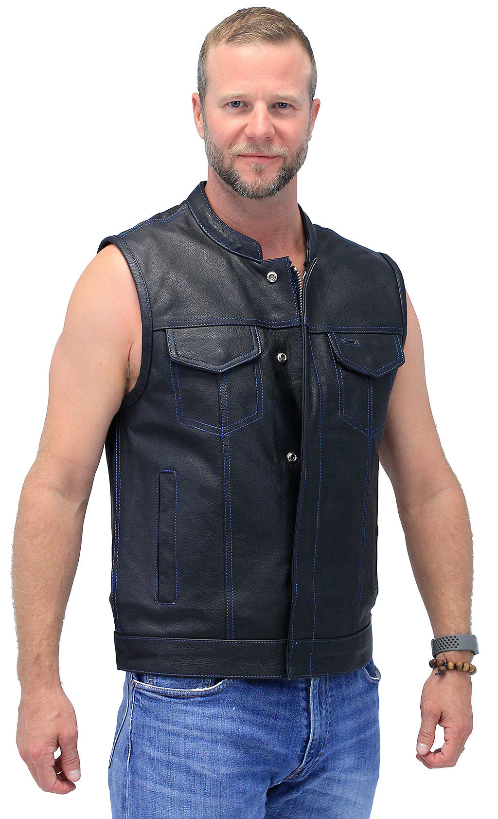 Thin Blue Line Flag Lining Concealed Pocket Leather Club Vest #VM66705GU