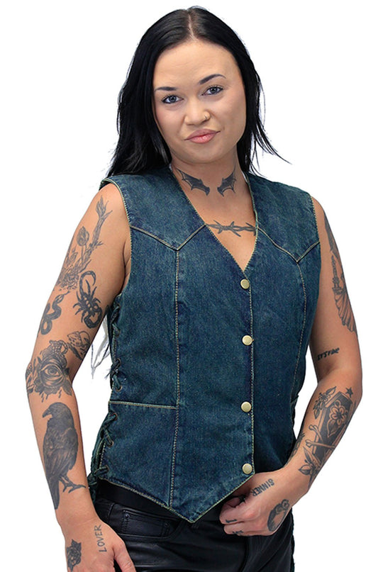 Women's Blue Denim Side Lace Biker Vest #VLC40012LU