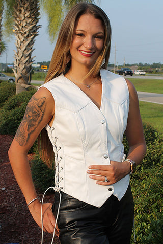 White Long Leather Side Lace Leather Vest #VL2015LW