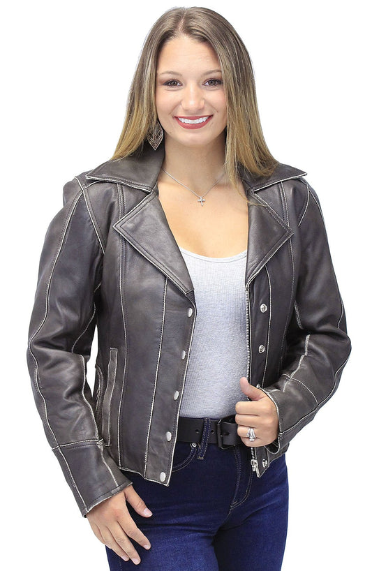 Vintage Leather Motorcycle Jacket for Women #LA4040ZRDN (S-3X)