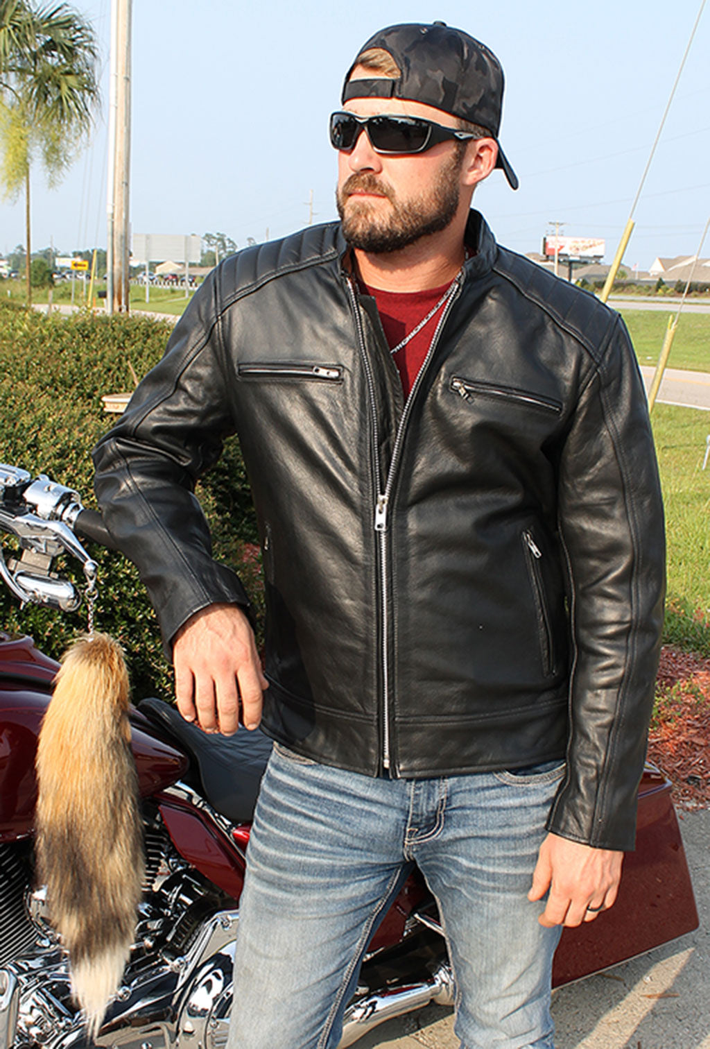 Men's Ribbed Shoulder Leather Motorcycle Jacket #M5760GQZK