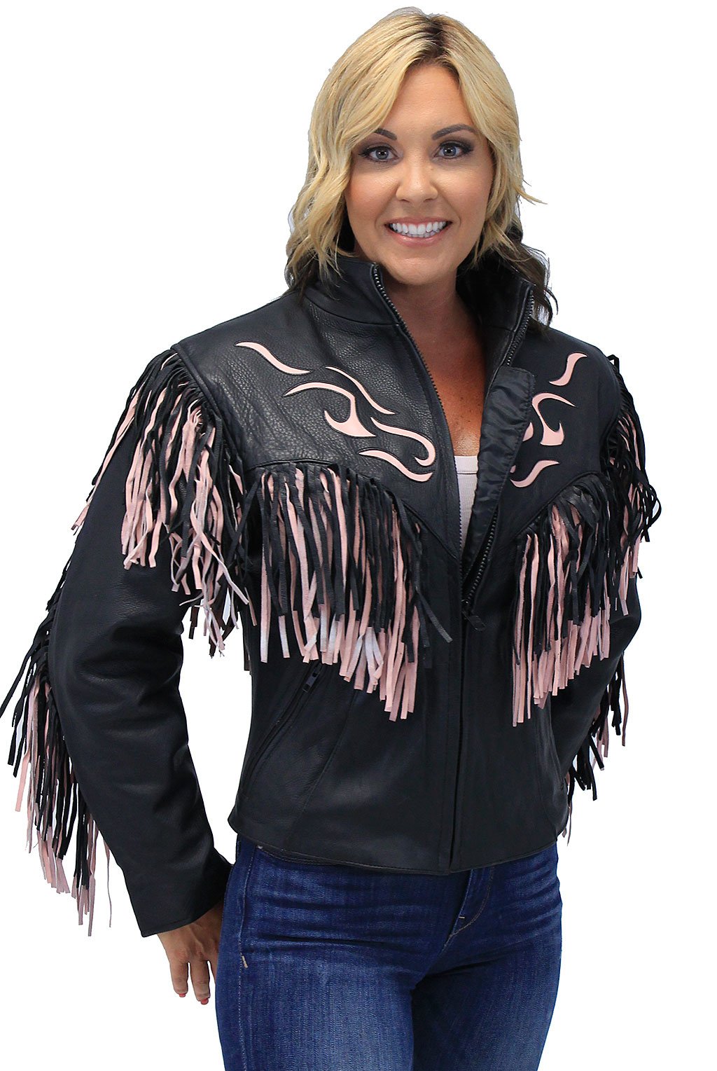 Women's Pink Fringed Genuine Leather Jacket with Inlays #L284FTP (XS-M)