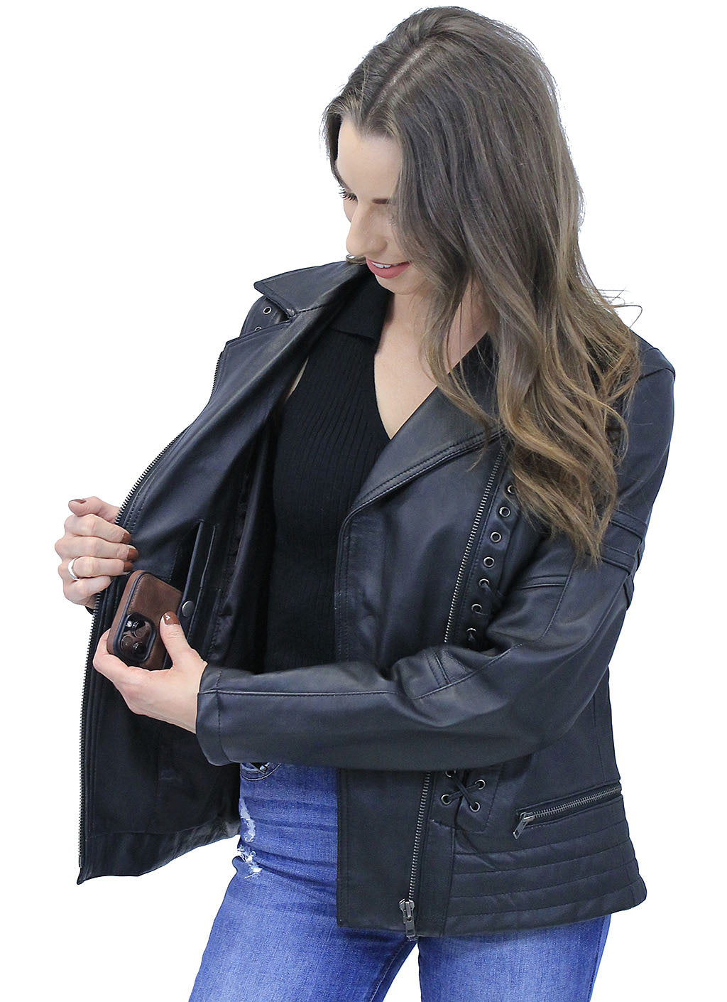 Long Black Leather Laced Eyelet Motorcycle Jacket #L69550ELK