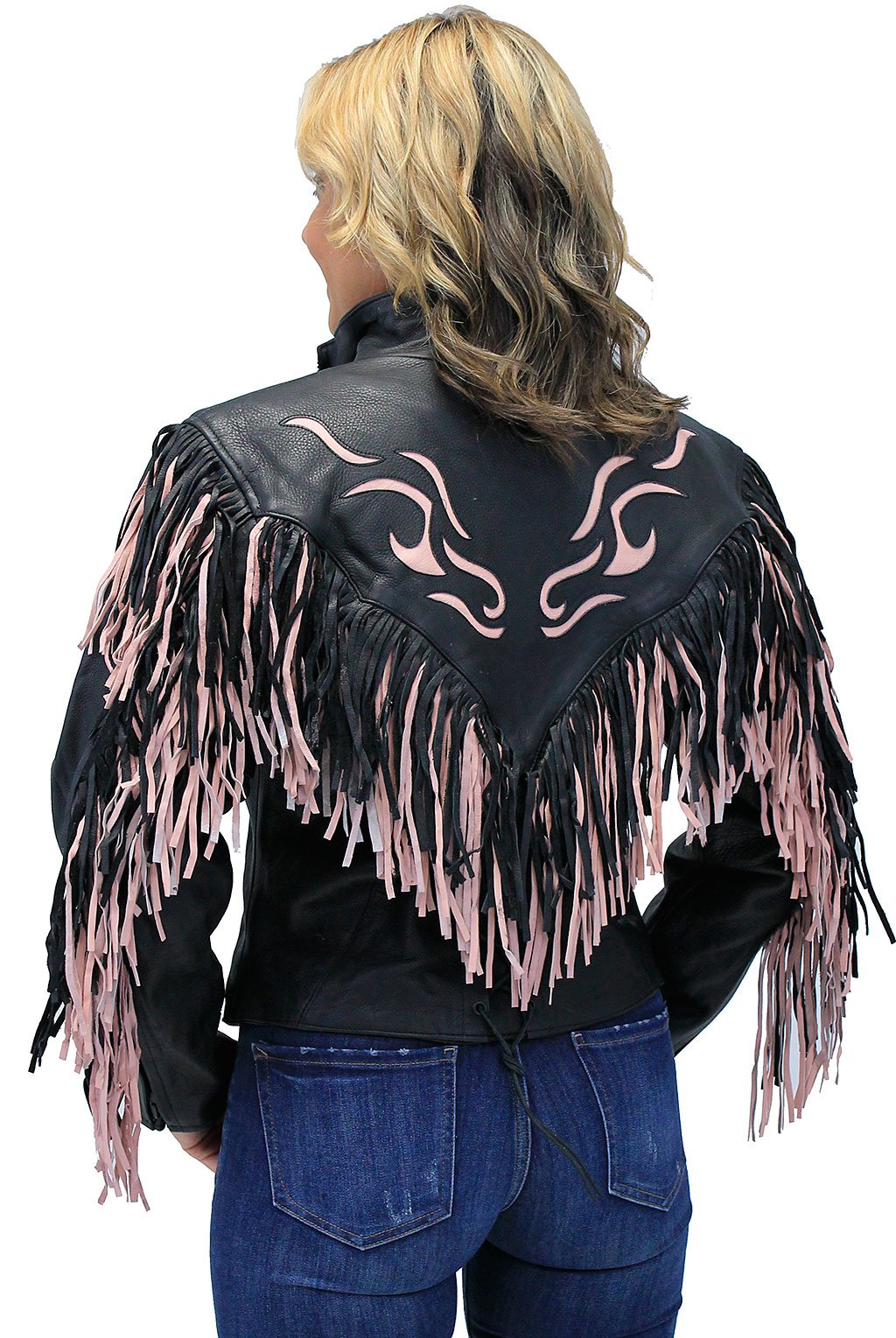 Women's Pink Fringed Genuine Leather Jacket with Inlays #L284FTP (XS-M)