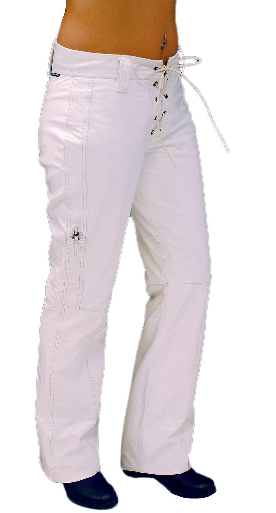 Lace Up White Leather Pants for Women #LP504LW (4-12)