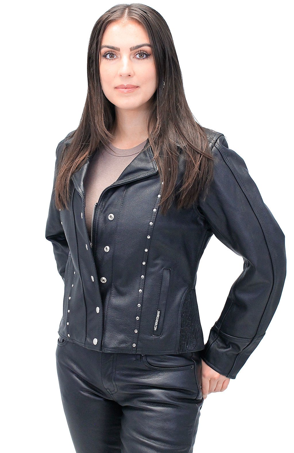 Black Rivet Trim Cowhide Motorcycle Jacket #L4042RZK (XS-S, 3X)