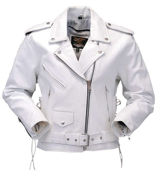 White Leather Motorcycle Jacket w/Side Lace #L6027LW