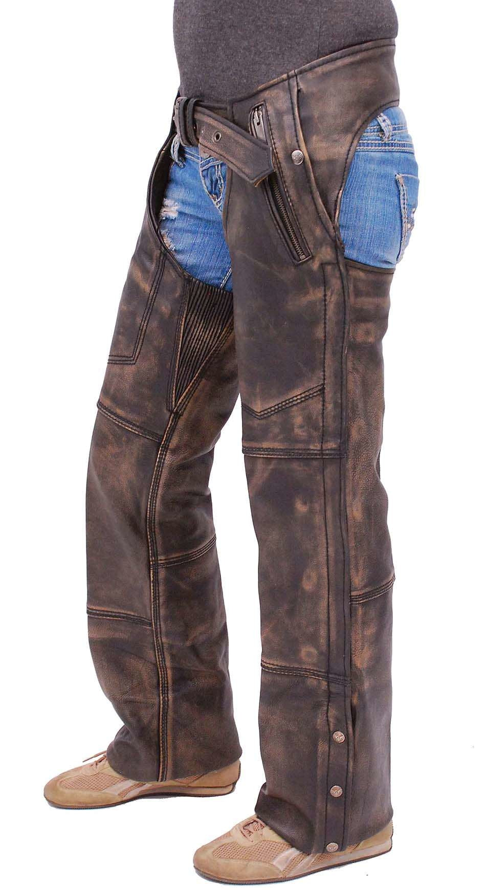 4 Pocket Vintage Distressed Brown Leather Chaps w/Removable Lining #CA5500ZDN