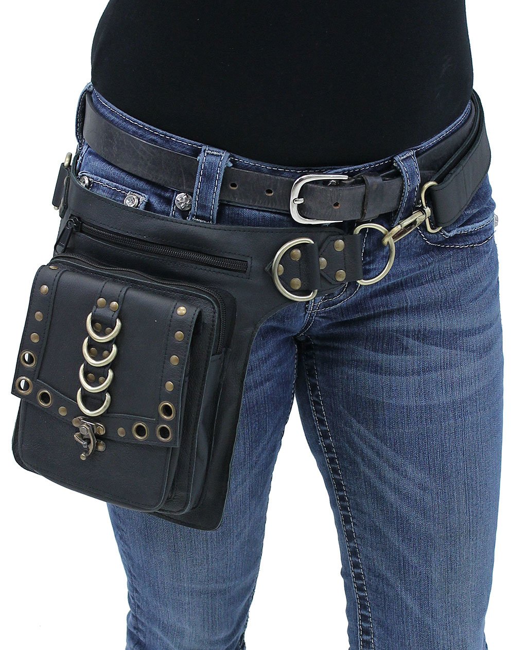 (d) Black Heavy Leather Multi-D-Ring Thigh Bag Waistbag #TB70150DK