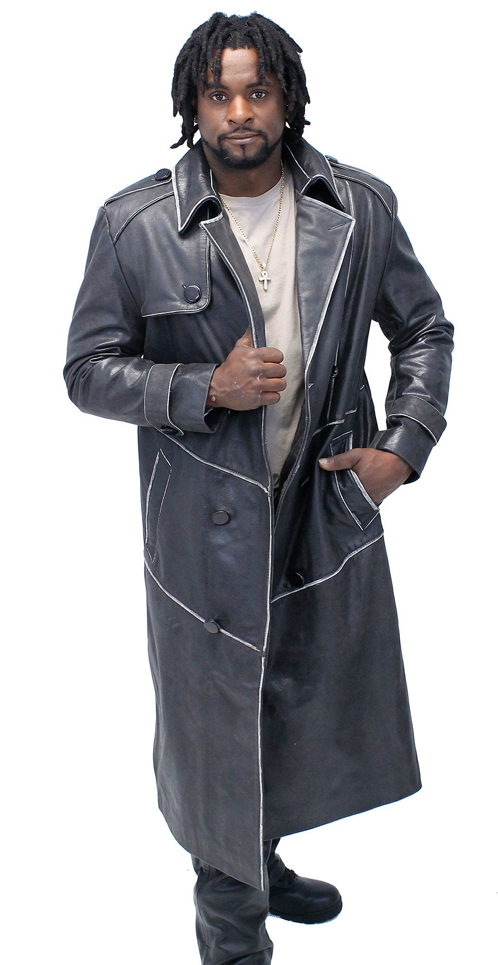 Black leather trench fashion coat with hood