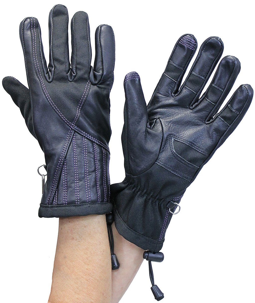 Purple Stitched Nylon and Leather Women's Gauntlet Gloves #GL777106PU