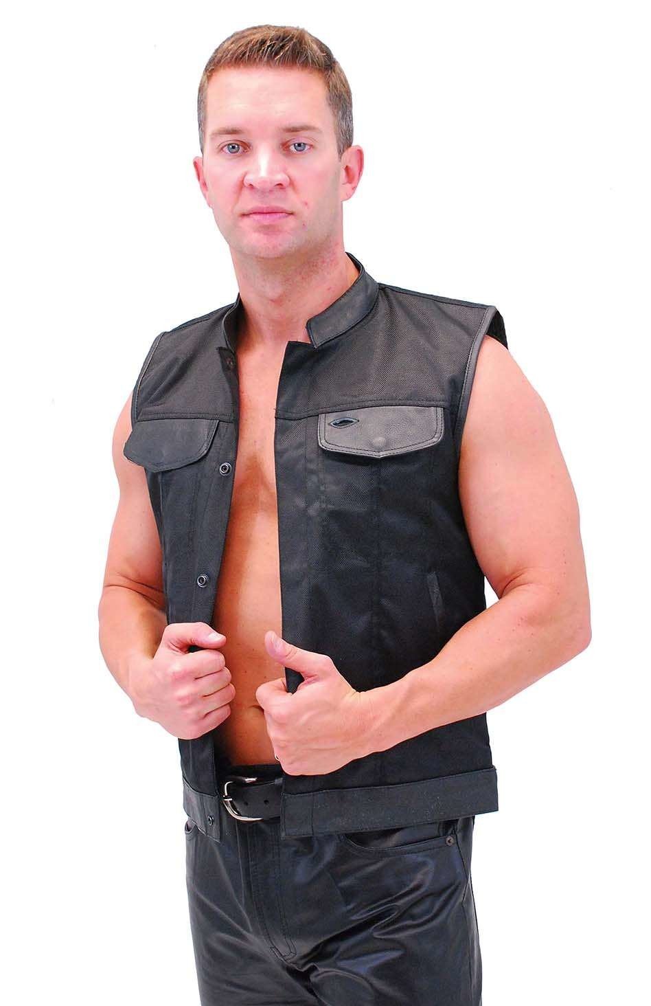 Men's Leather & Nylon Anarchy Biker Club Vest w/Concealed Pockets #VMC720K