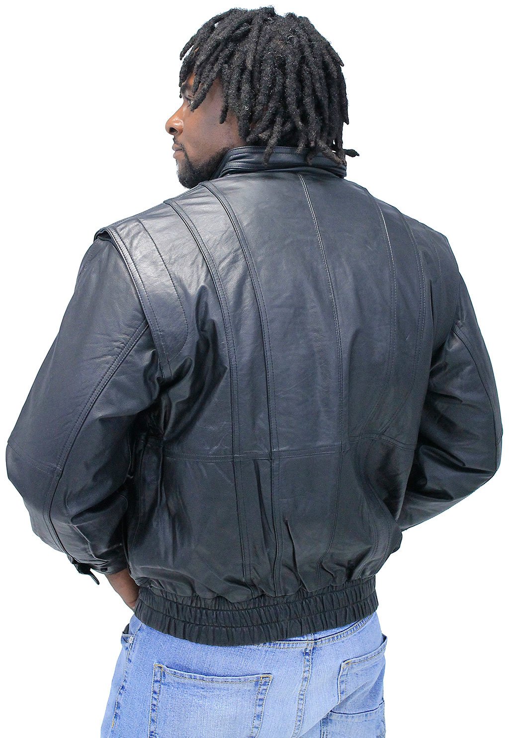 Black Leather Bomber Jacket w/Mandarin Collar #M511ZK (XS-M)