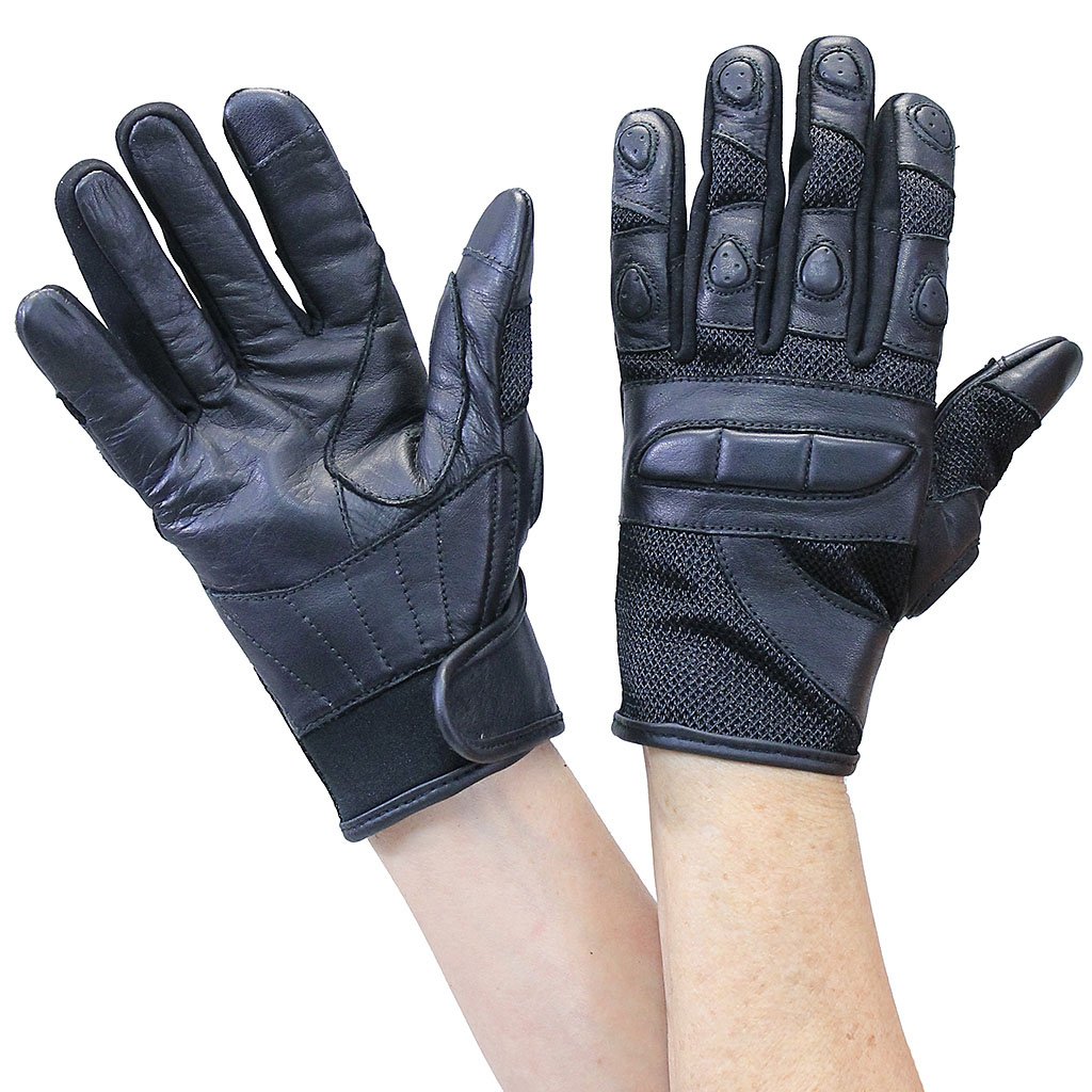 Women's Black Leather and Mesh Padded Gloves #GL80200VK