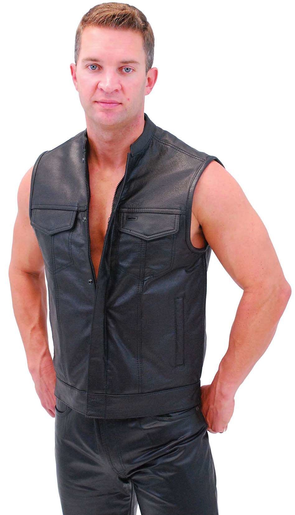 Men's Snap & Zip Buffalo Leather Club Vest w/1 Piece Back #VM690GZK