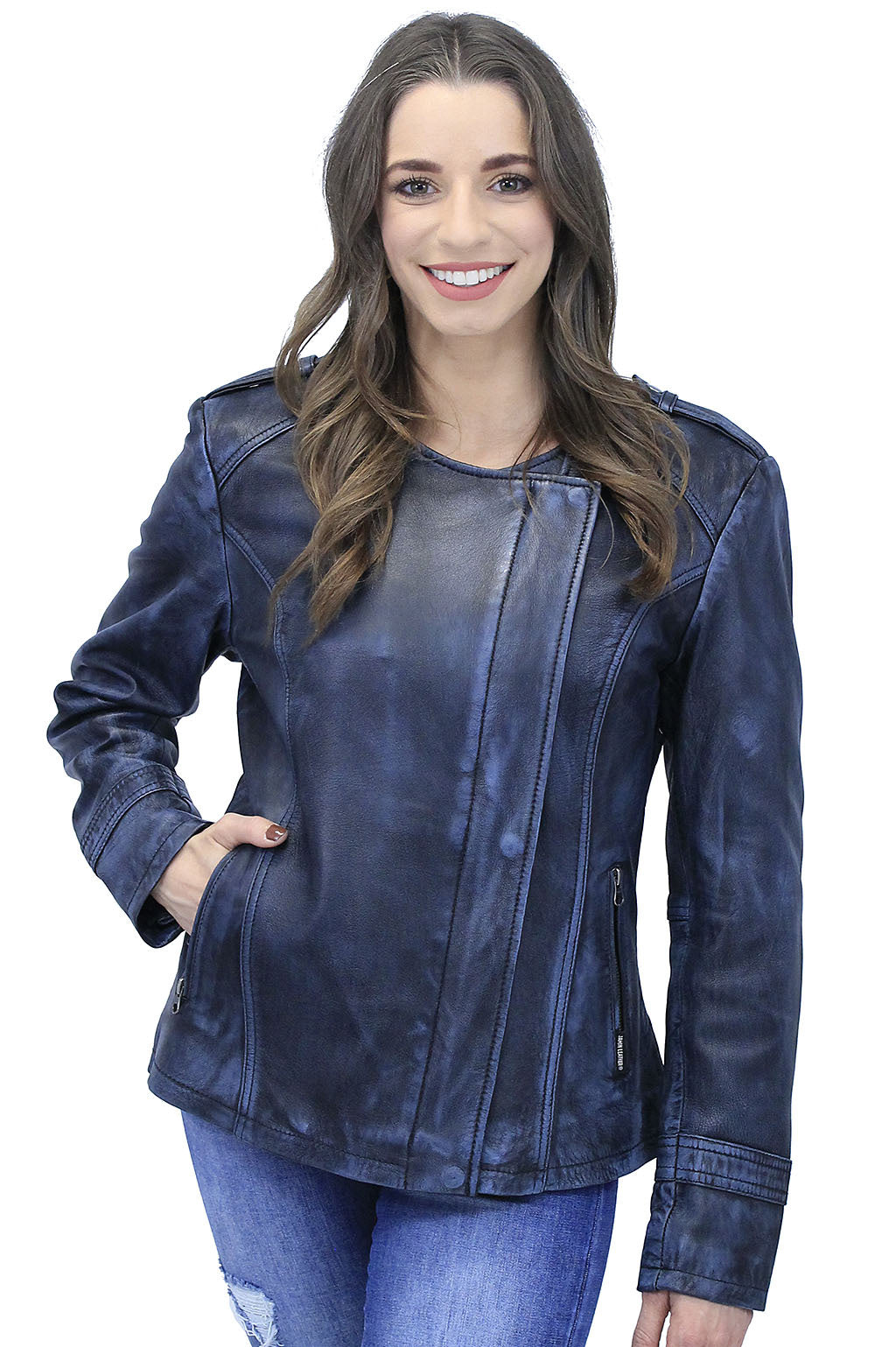 Women's Blue Beauty Leather Jacket CC Pocket #LA60624GU