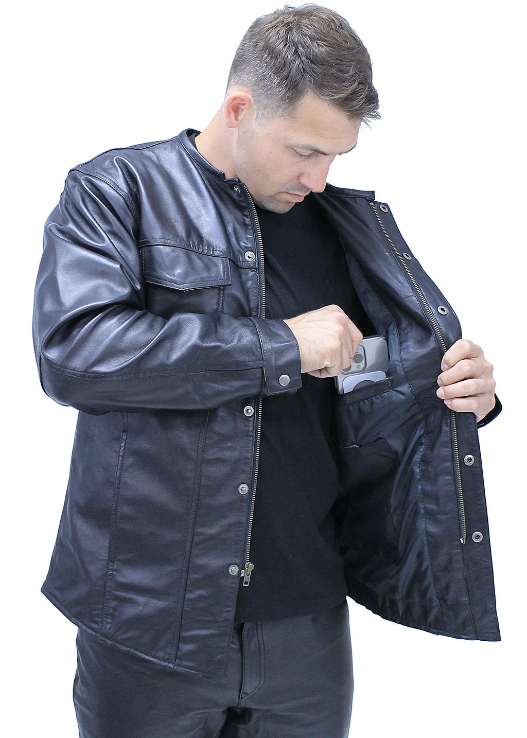 No Collar Men's Lightweight Leather Shirt #MS442K