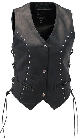 Rivet Stud Trim Side Lace Women's Leather Vest #VL2666SLK (XS-M)