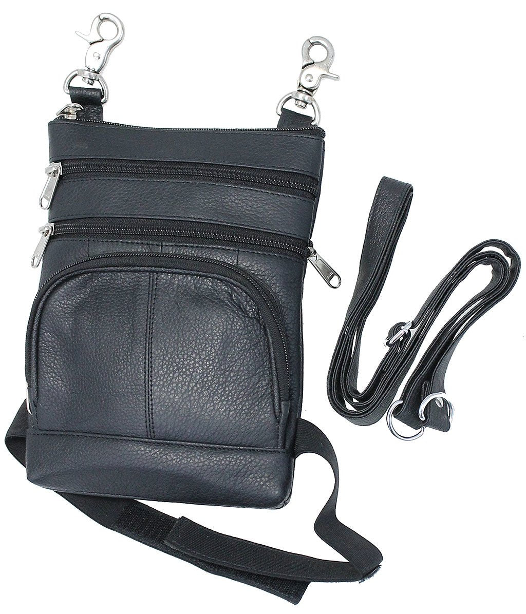 Black Leather Side Purse, Thigh Bag & Hip Clip Pouch #TB830K