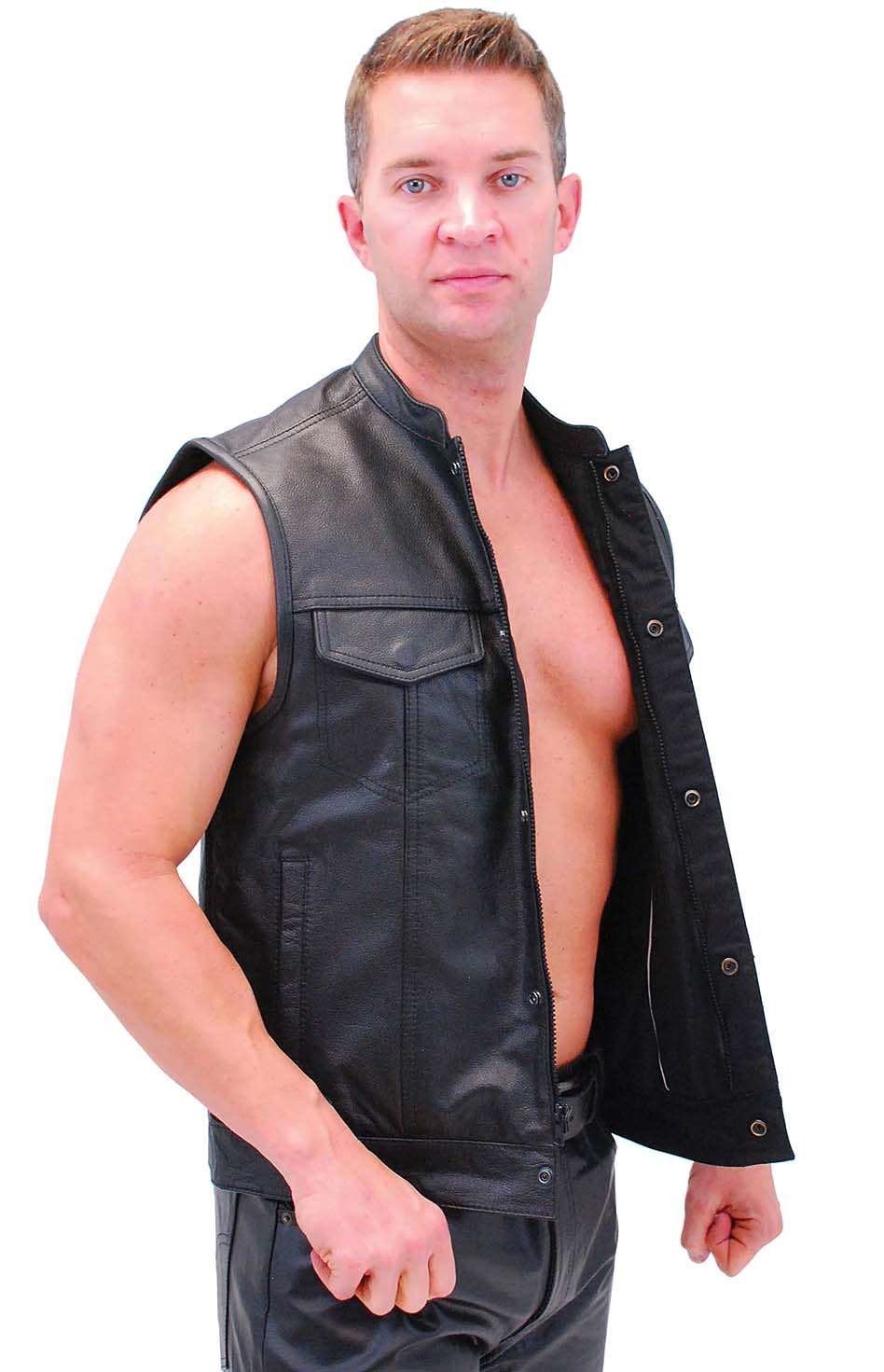 Men's Snap & Zip Buffalo Leather Club Vest w/1 Piece Back #VM690GZK