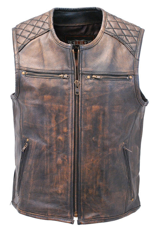 Men's Vintage Brown Quilt Leather Concealed Pocket Vest #VMA6714QGN (M-4X)