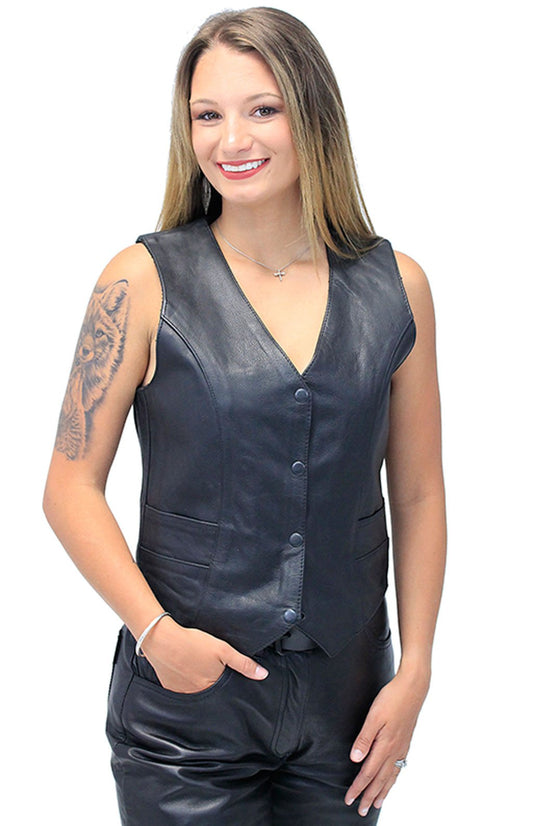 Women's Black Leather Vest with Concealed Pockets #VL2658GK (S-7X)