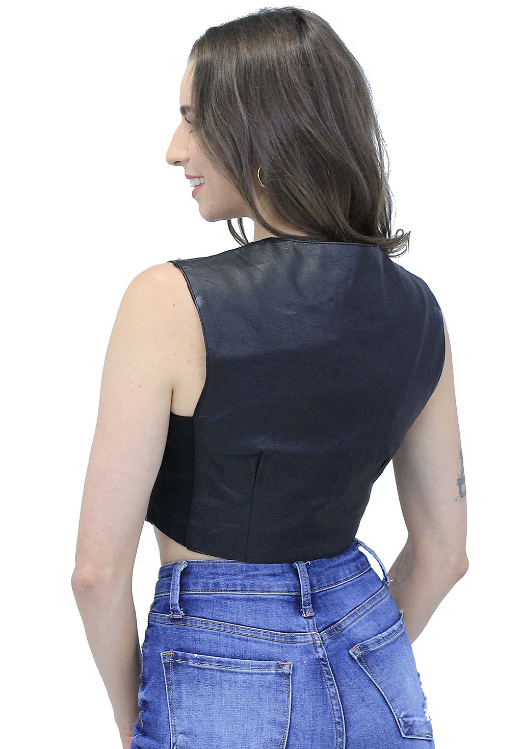 Form Fitting Black Leather Crop Vest #VL1152CK