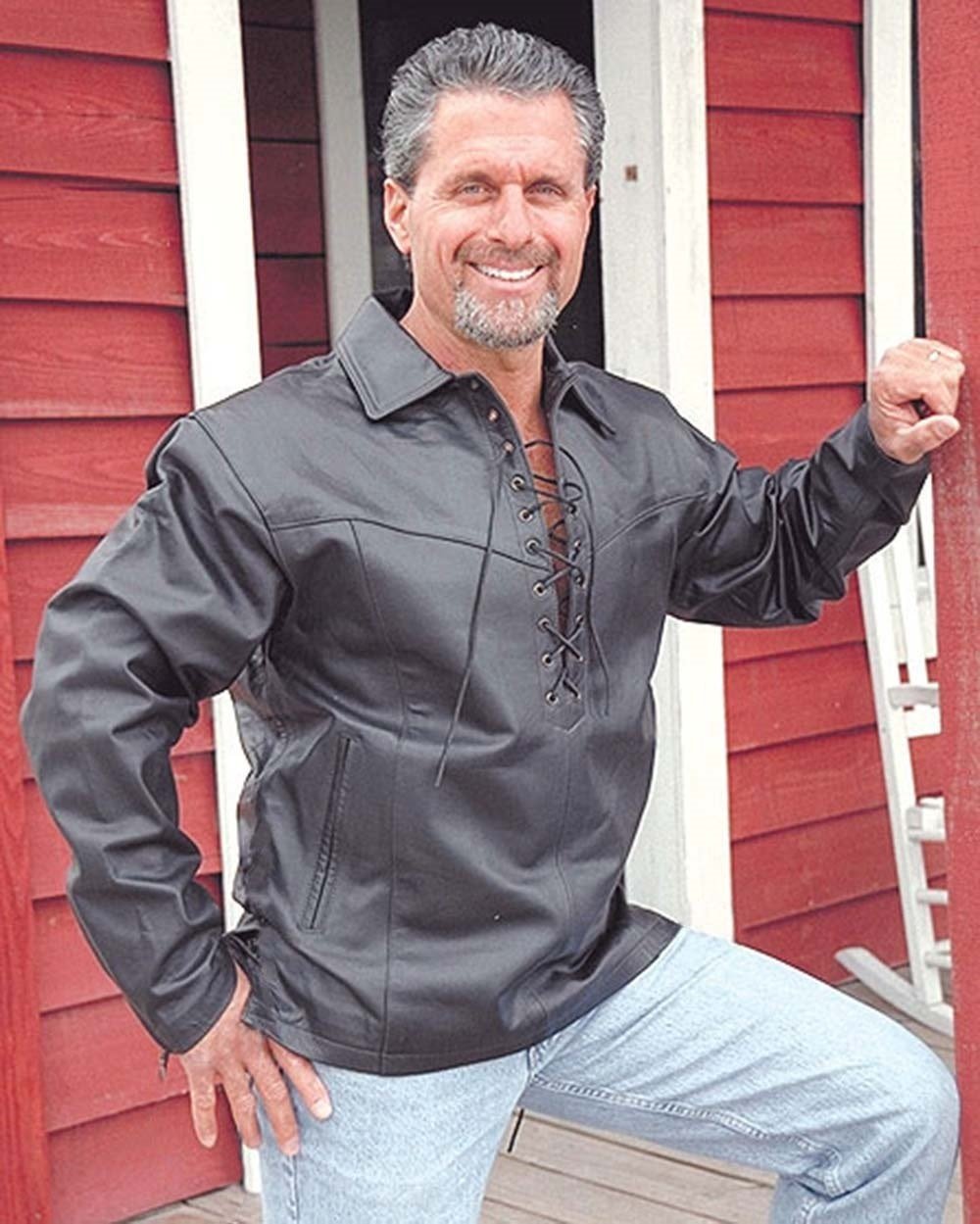 Black Leather Lace Up Pullover Shirt with Side Zippers #MS854LK () Black Leather Lace Up Pullover Shirt with Side Zippers #MS854LK ()
