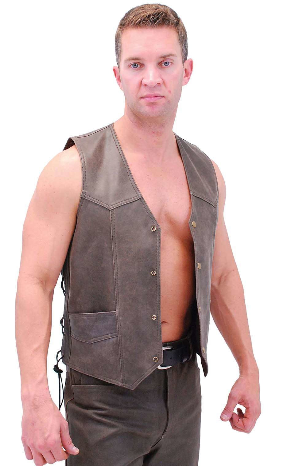 Premium Rich Brown Leather Vest w/Side Lace #VM2622N (44-46, 56-60)