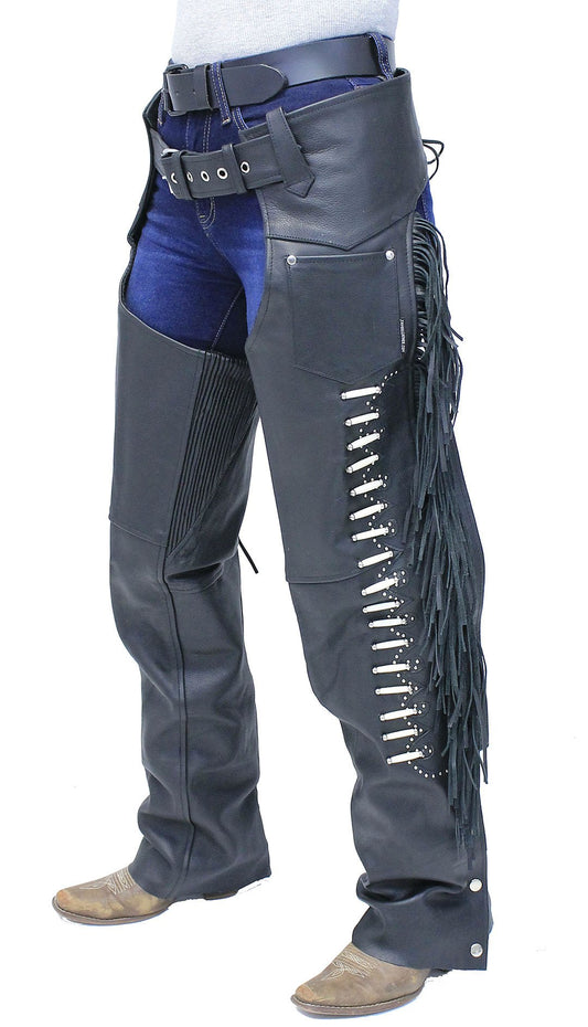 Premium Leather Chaps w/Bone Beading, Stretch Thighs & Fringe #C1730SFKK