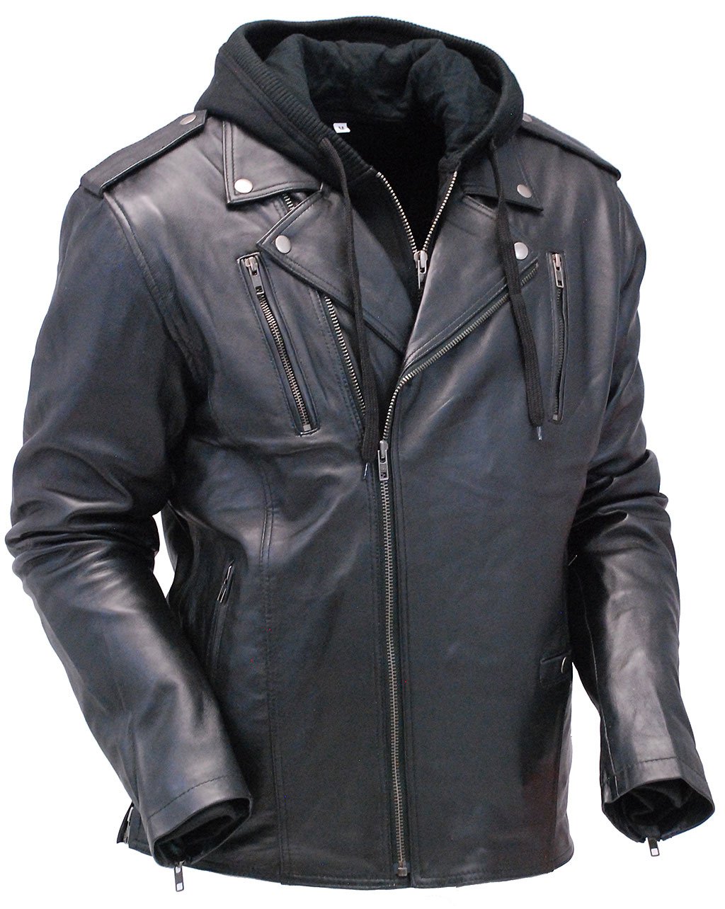 Men's Soft Black Leather Motorcycle Jacket w/Hoodie #M6925VHGK