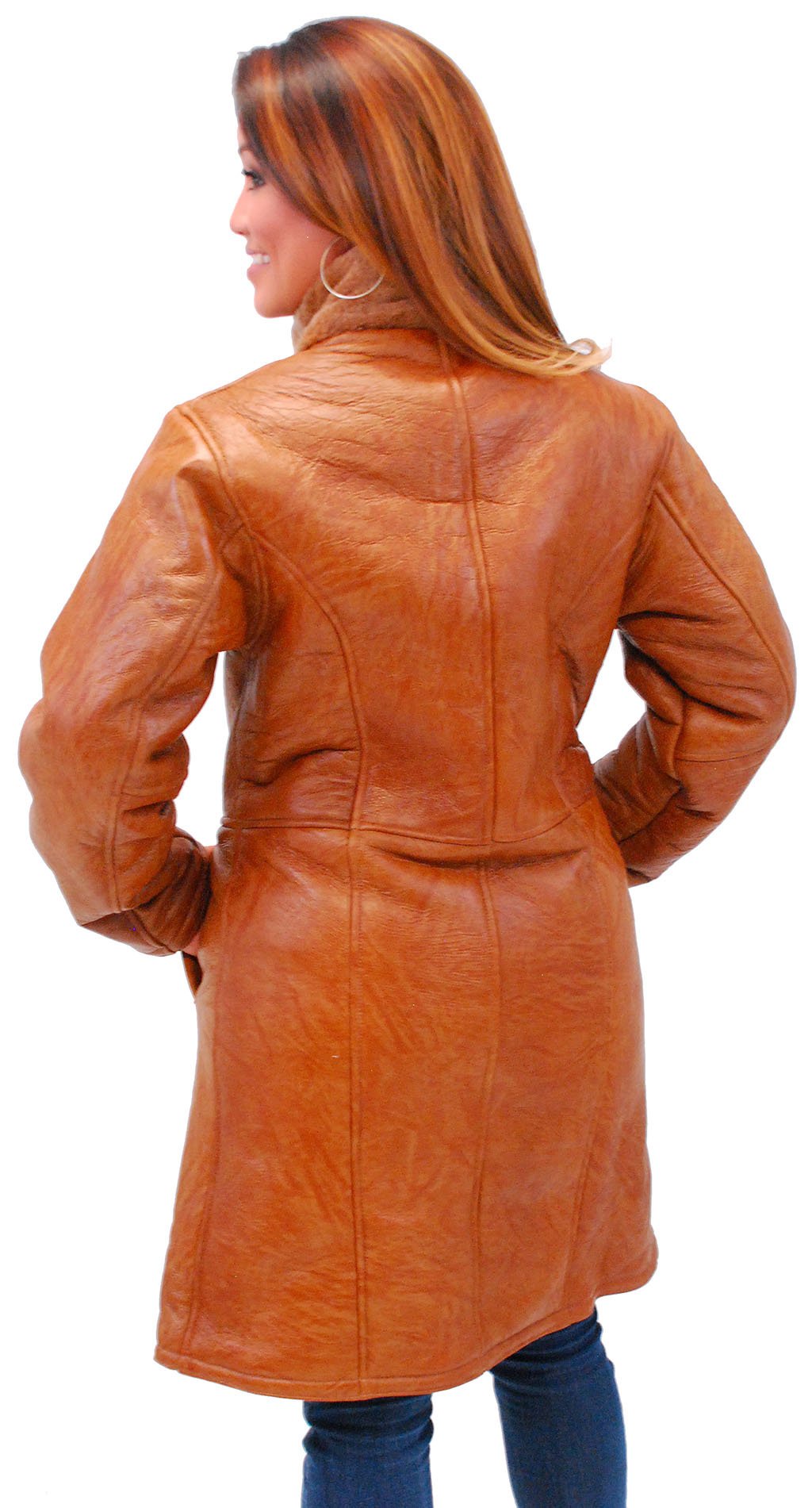 Women's Tan Genuine Sheepskin Fur Lined Trench Coat #L1319HN (S-XL)