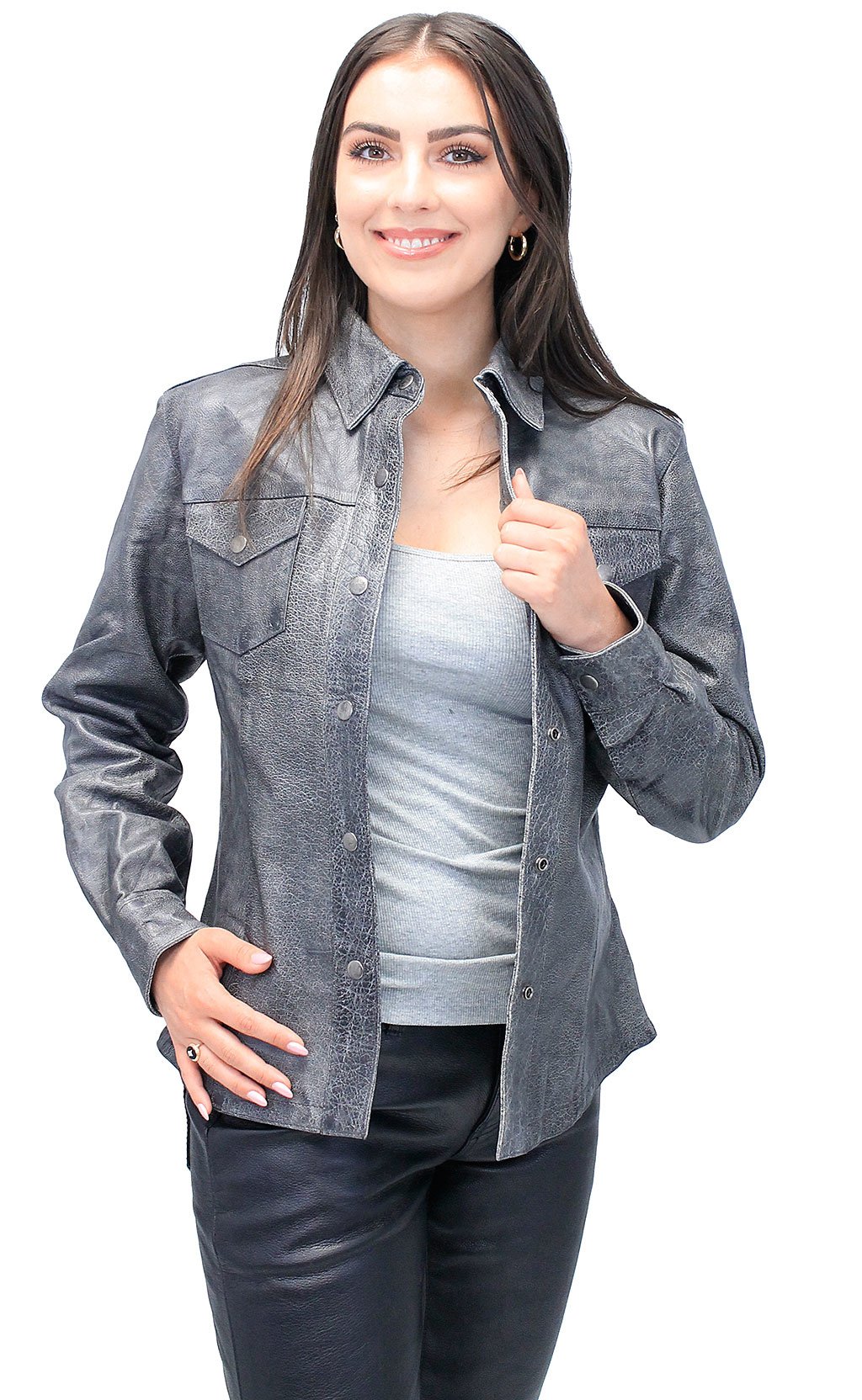 Women's Vintage Gray Leather Shirt #LS8623GY (M-2X)