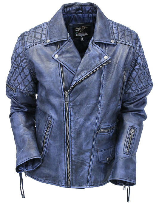 Quilted Blue Distressed Leather MC Jacket CC Pockets #MA2024QGU