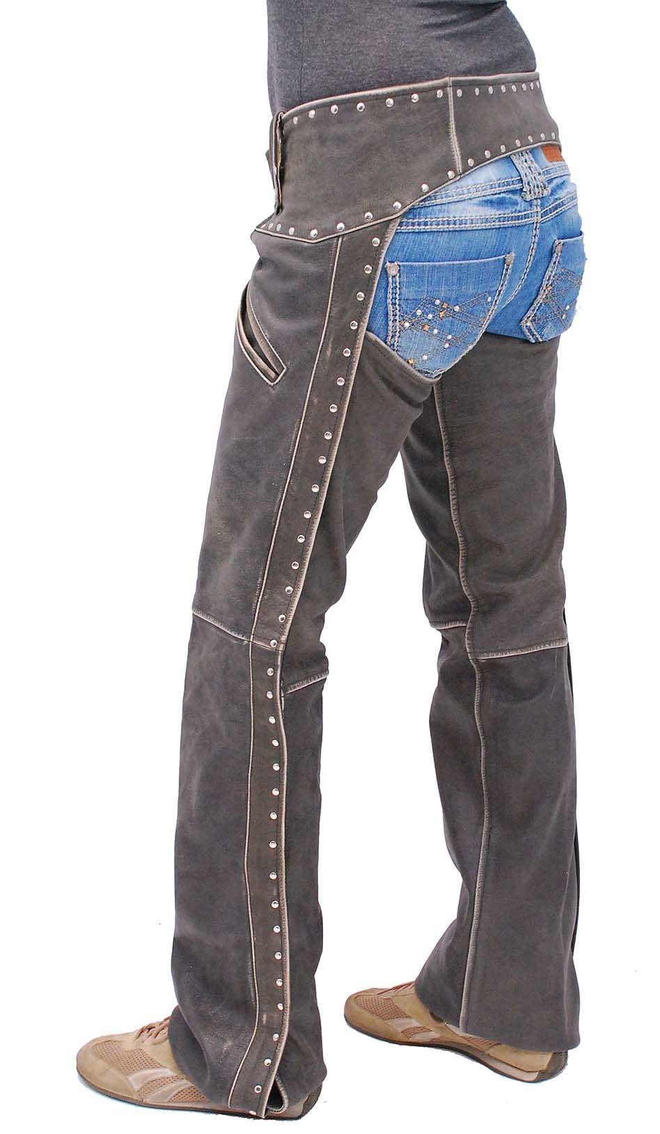 Women's Studded Trim Vintage Brown Chaps w/Pant Pockets #CA2801RDN (L-3X)