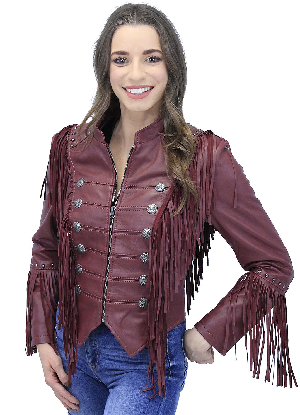 Burgundy Red Leather Fringed Band Leader Jacket #L98426SFR