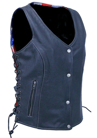 Flag Lined Women’s Side Lace Leather Vest #VL6890USA ()