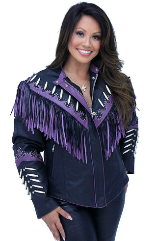 Genuine Bone & Purple Fringe Leather Jacket #L1616FBPUR