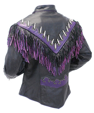 Genuine Bone & Purple Fringe Leather Jacket #L1616FBPUR