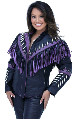 Genuine Bone & Purple Fringe Leather Jacket #L1616FBPUR