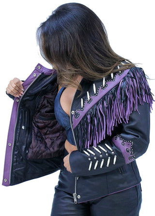 Genuine Bone & Purple Fringe Leather Jacket #L1616FBPUR