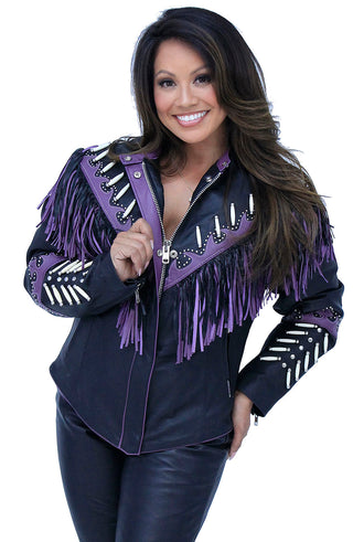 Genuine Bone & Purple Fringe Leather Jacket #L1616FBPUR