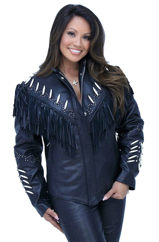 Genuine Bone Studded Fringe Leather Jacket #L1615FBK