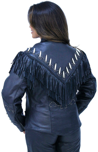 Genuine Bone Studded Fringe Leather Jacket #L1615FBK
