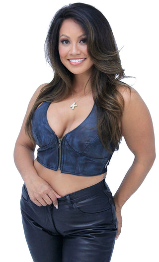 Hand Antiqued Blue Lambskin Leather Cropped Halter #LH30194U - WOMENS VEST