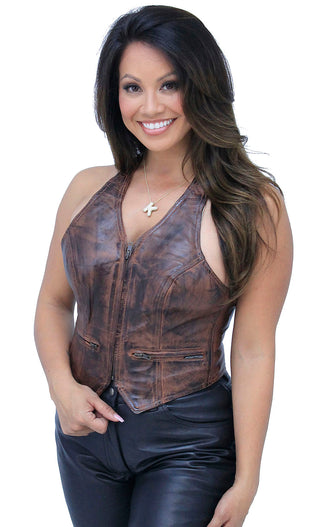 Hand Antiqued Brown Zip Leather Halter Vest #LH05131N