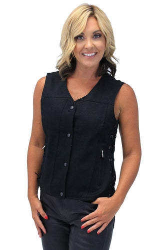 Heavy Denim Women’s Side Lace Concealed Pocket Biker Vest #VLC519GLK