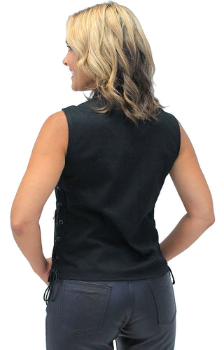 Heavy Denim Women’s Side Lace Concealed Pocket Biker Vest #VLC519GLK