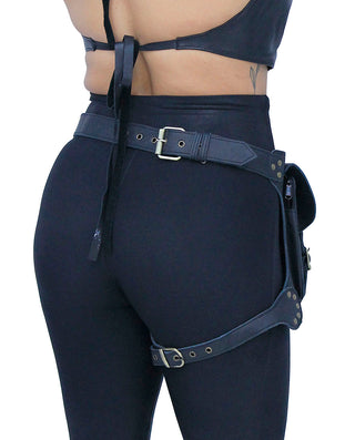 Heavy Leather Thigh Bag with Wide Buckle Straps #TB702031K