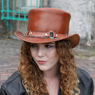 Light Brown Leather Tophat w/Chains & Rings #H2209RCN